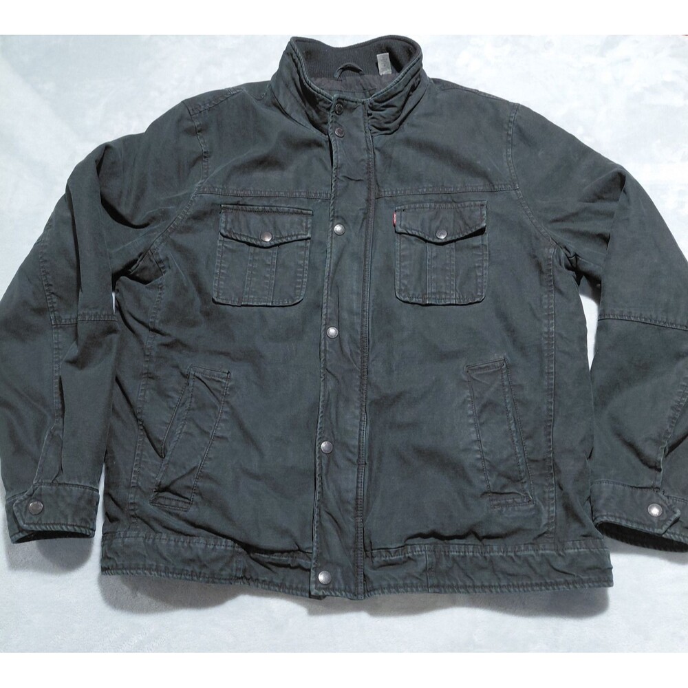Levis Mens L Canvas Field Trucker Jacket Black Quilted Lined Full Zip Coat